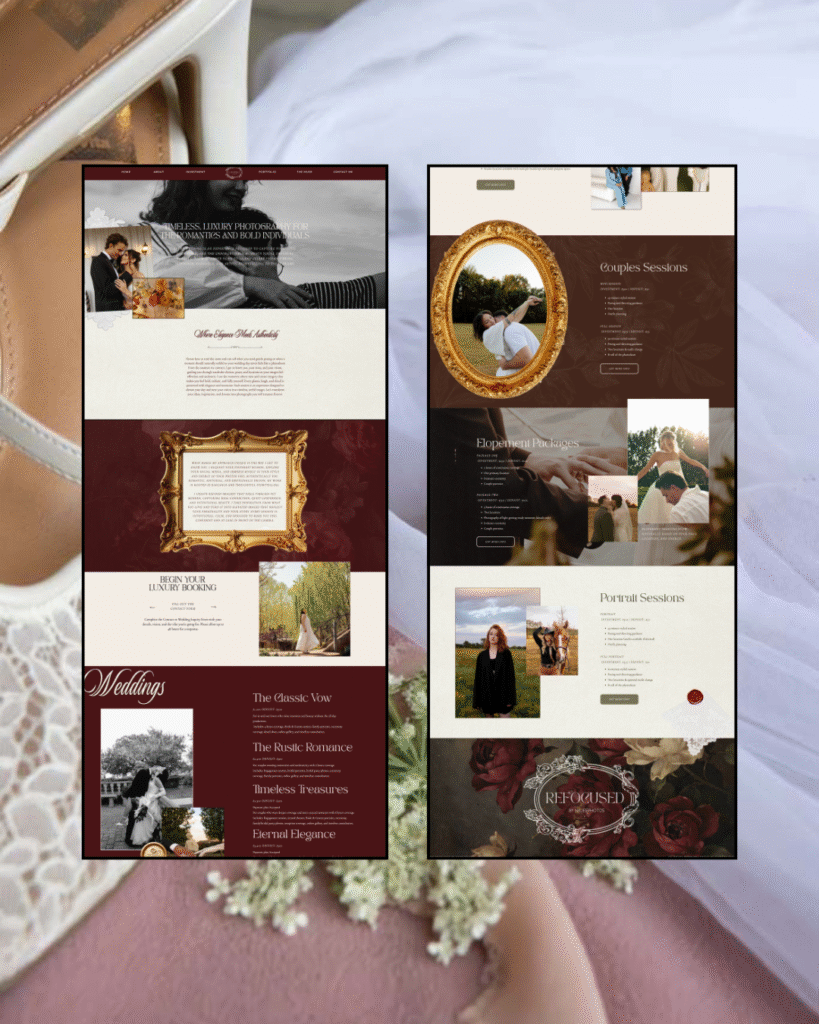 A laptop displaying a wedding photography website is placed on an outdoor floral table setting with flowers and candles in the background.