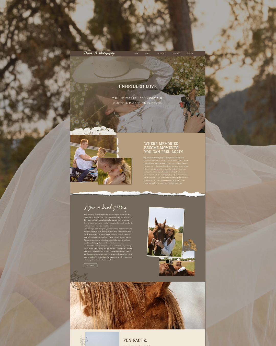 A laptop displaying a wedding photography website is placed on an outdoor floral table setting with flowers and candles in the background.