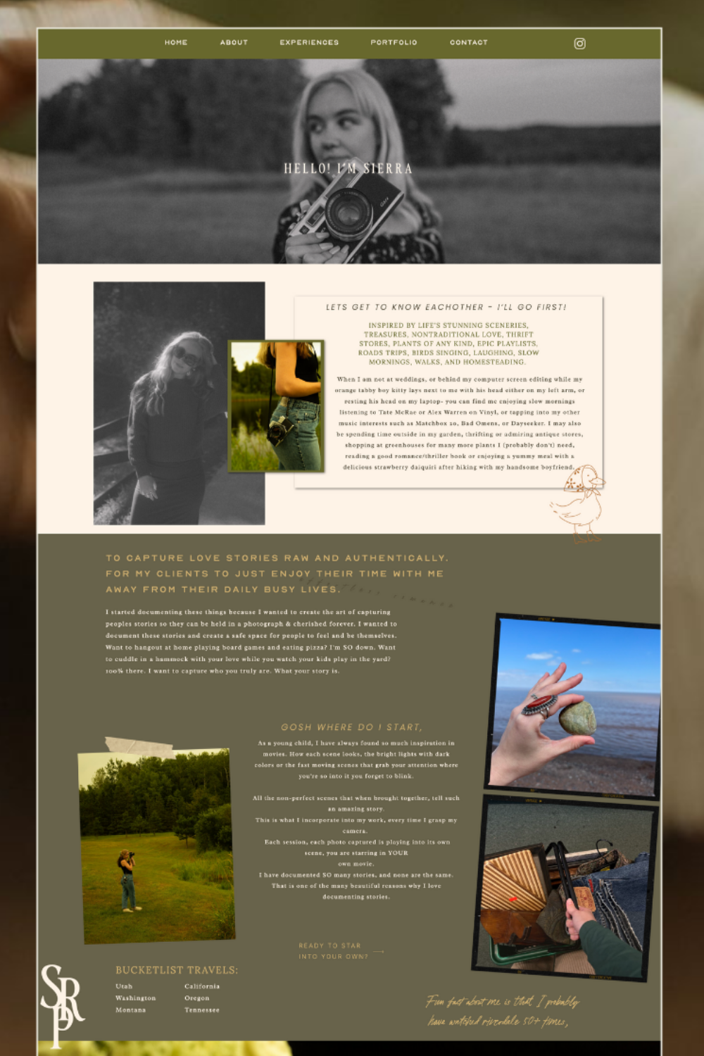 A collage of three website screenshots featuring wedding photography layouts, overlaid on a blurred outdoor background with a boat and water.