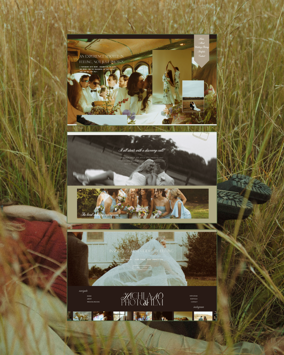A collage of four website screenshots featuring groups of people in light, airy settings, overlaid on a blurred background of tall grass.