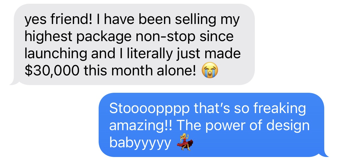 A text exchange where one person celebrates booking three clients after launching a site, and the other replies with excitement and support.