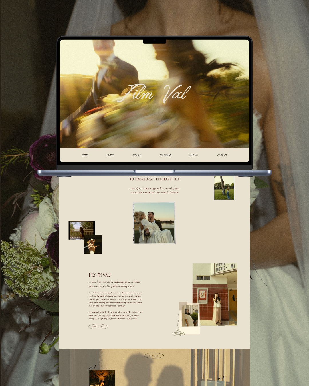 Screenshot of a website homepage with a floral bouquet image, text sections, and photos, using green and beige colors; partially transparent veil and trees in the background.