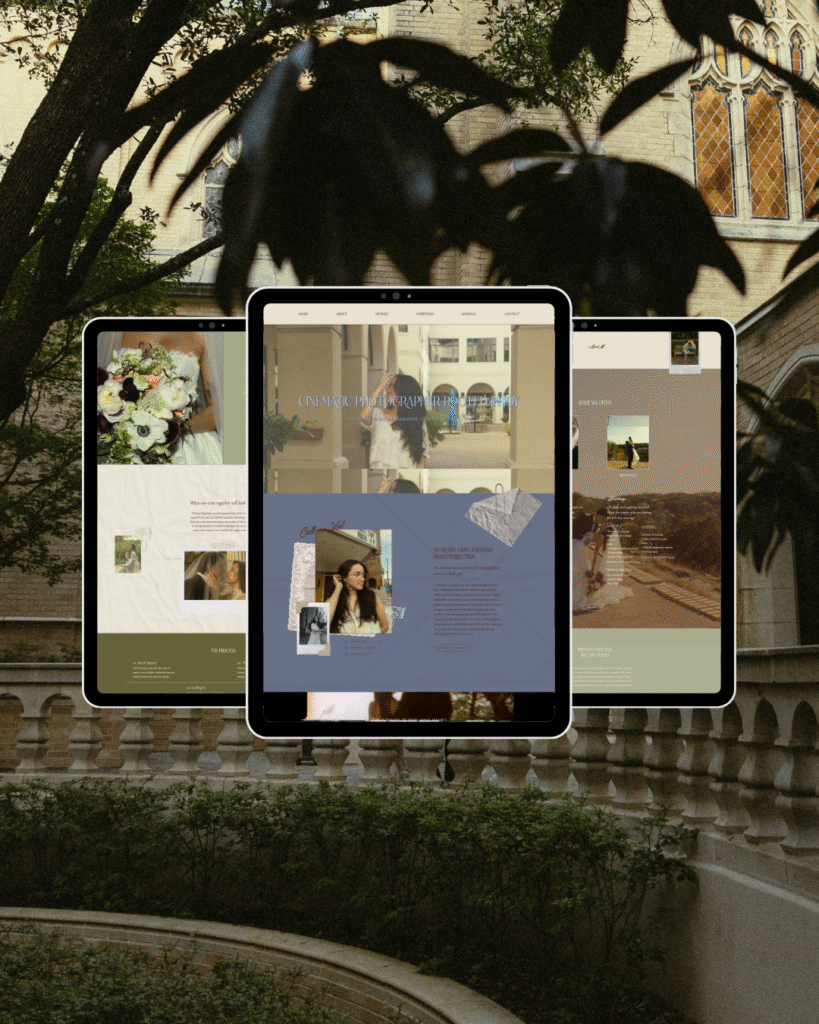A laptop displays a wedding-themed website with a blurred couple on the screen; a bride in a veil and gown is visible in the background. | Website Mistakes That Could Be Holding Wedding Photographers Back From Raising Their Prices