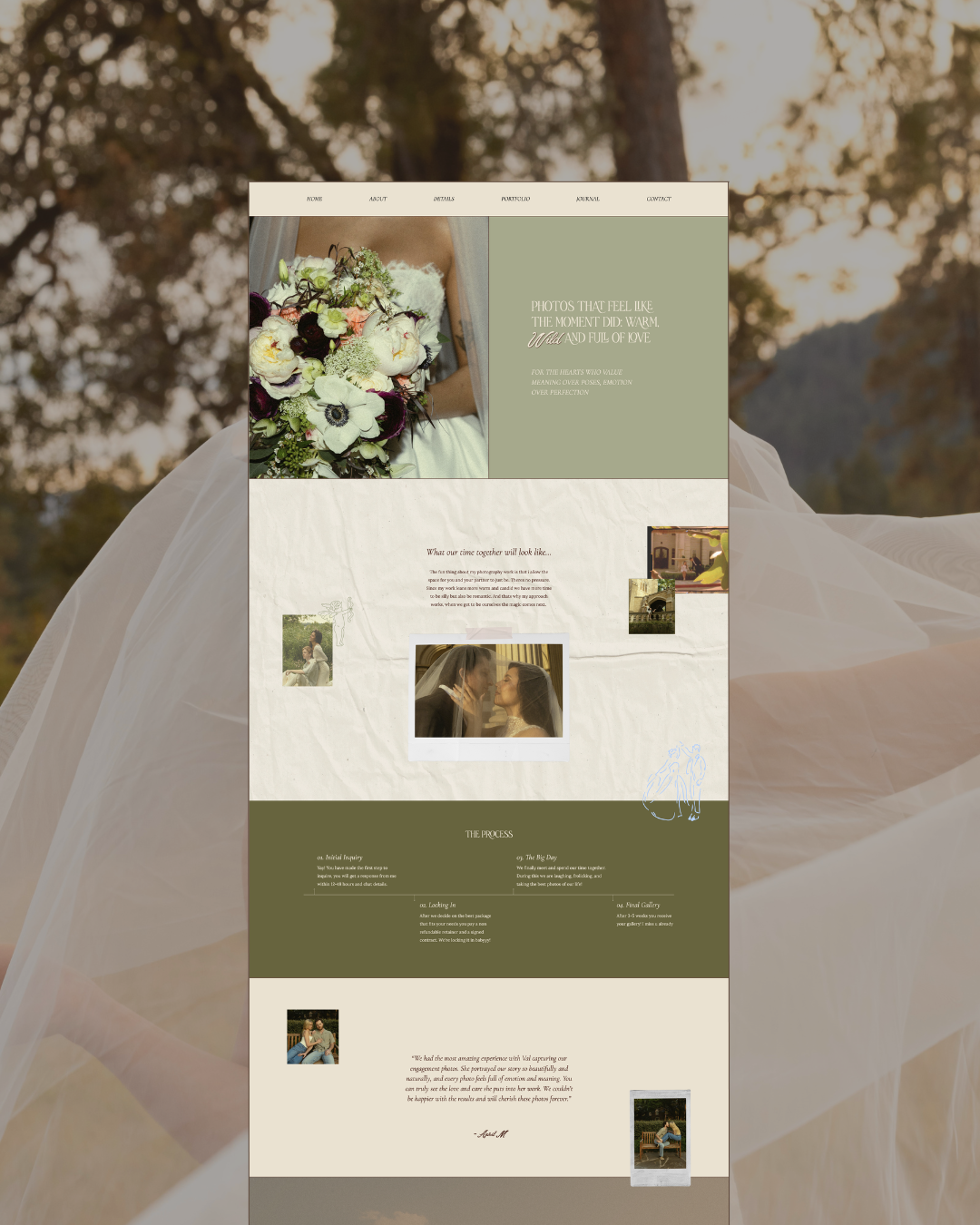 A laptop displays a wedding-themed website with a blurred couple on the screen; a bride in a veil and gown is visible in the background. | Website Mistakes That Could Be Holding Wedding Photographers Back From Raising Their Prices